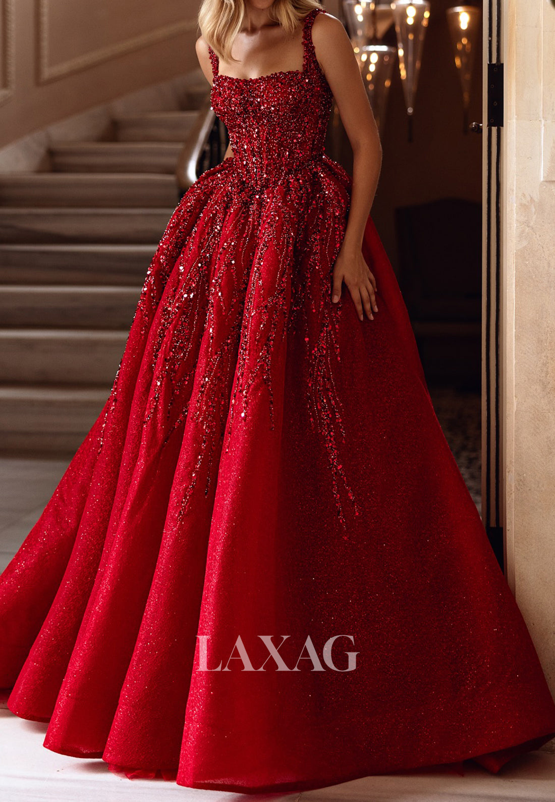 Sweetheart Spaghetti Straps Formal Gowns Sequined Beaded Glitter-Knit A-Line Evening Dress