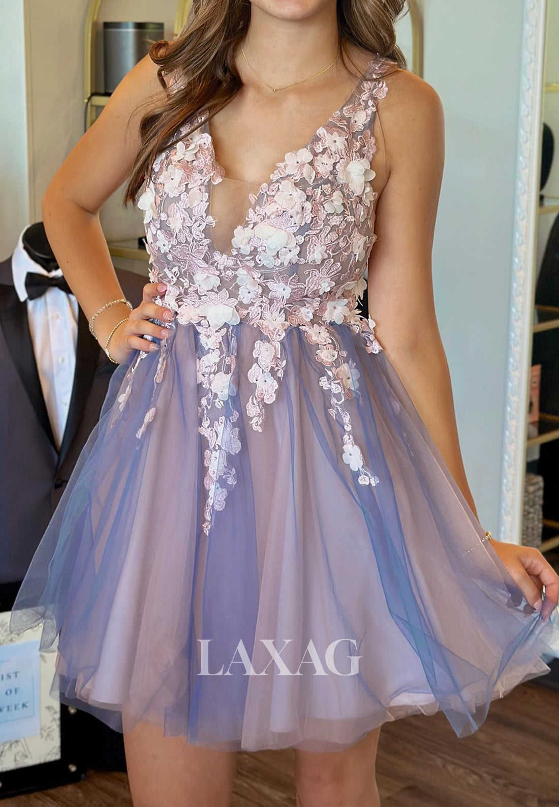 Deep V-Neck Straps Sleeveless Floral Embellished Pleated Tulle A-Line Party Homecoming Dress
