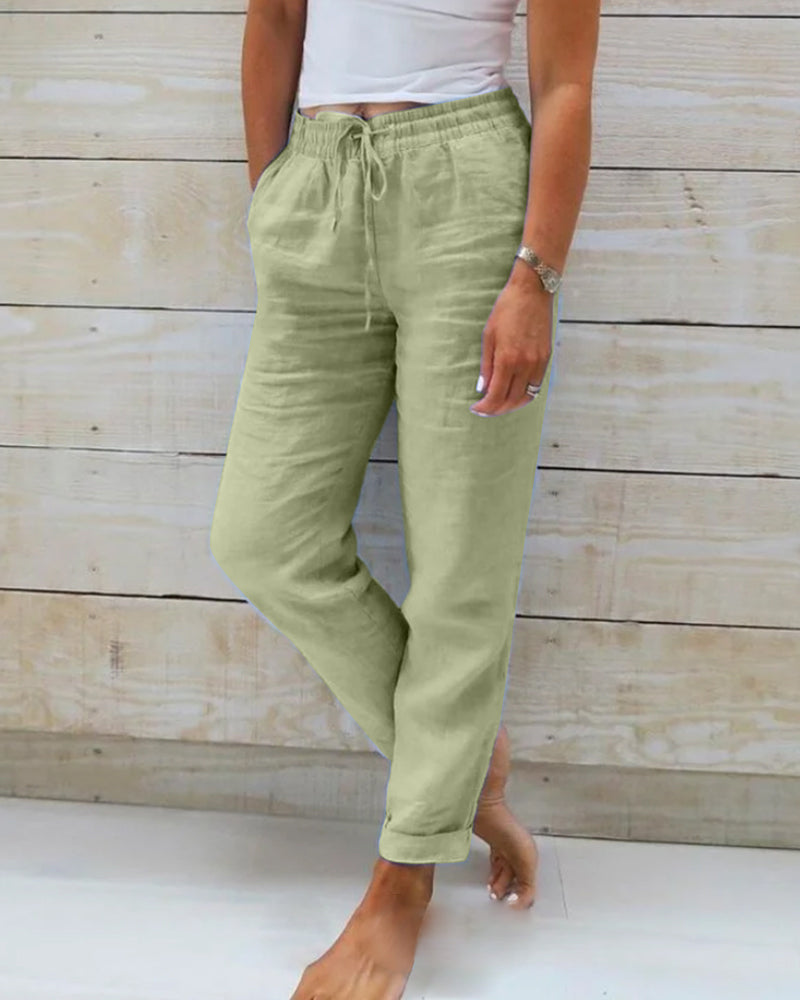 Drawstring High Waist Tapered Linen Look Pants