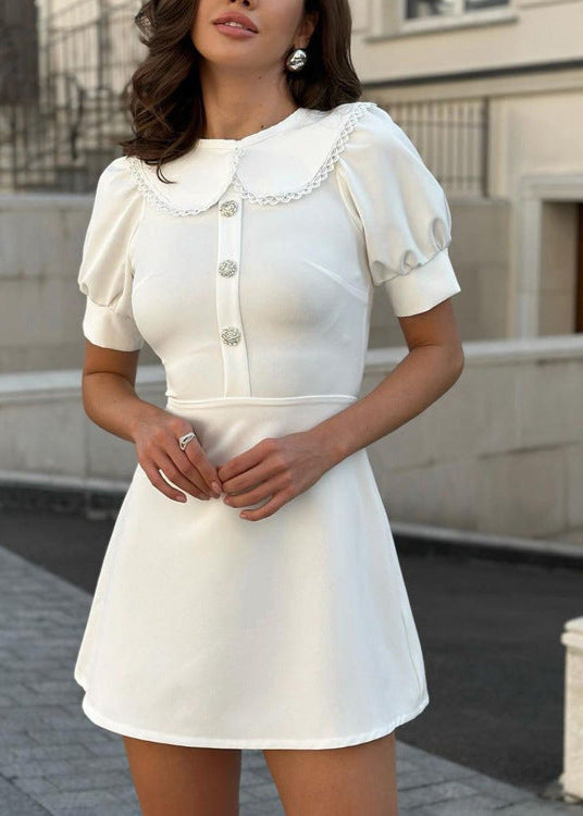 Lace Trim Peter Pan Collar Puff Sleeve Button Front A-Line Mini Dress