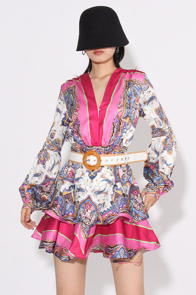 Paisley Print V-Neck Mini Dress With Belt