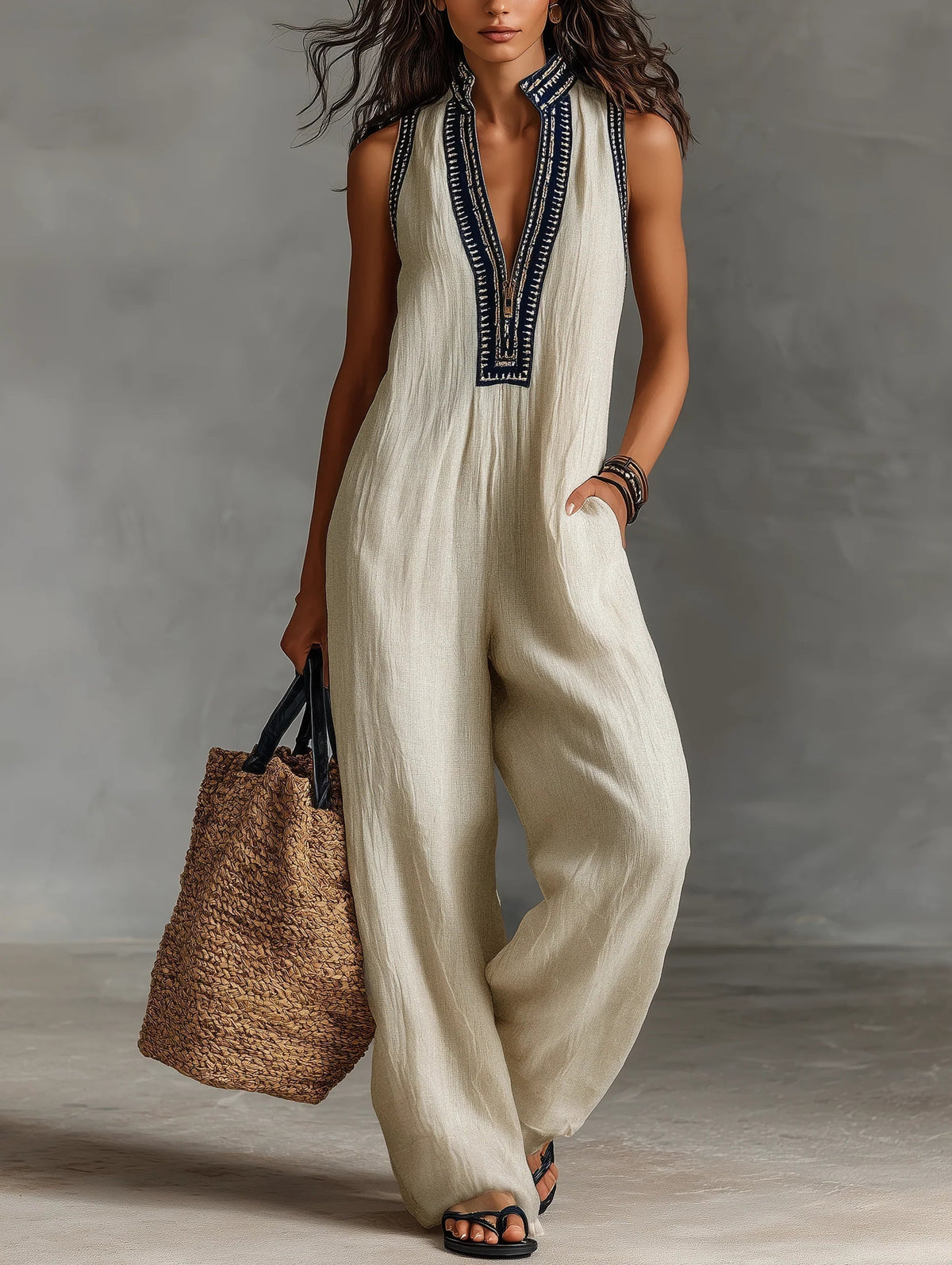 Embroidered V-Neck Sleeveless Zip Front Wide Leg Jumpsuit