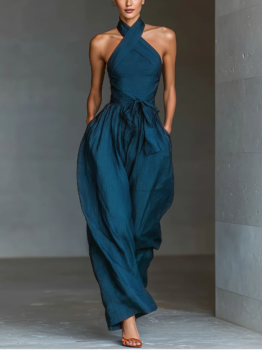 Cross Halter Neck Tie Waist Wide Leg Jumpsuit