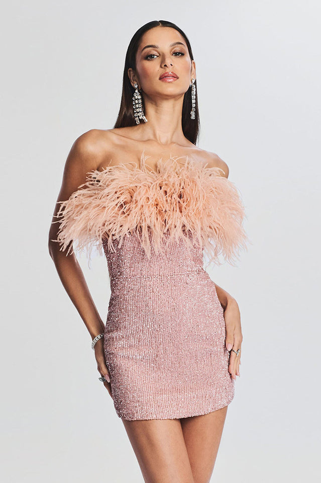 Strapless Feather Trim Sequin Bodycon Mini Party Dress 16