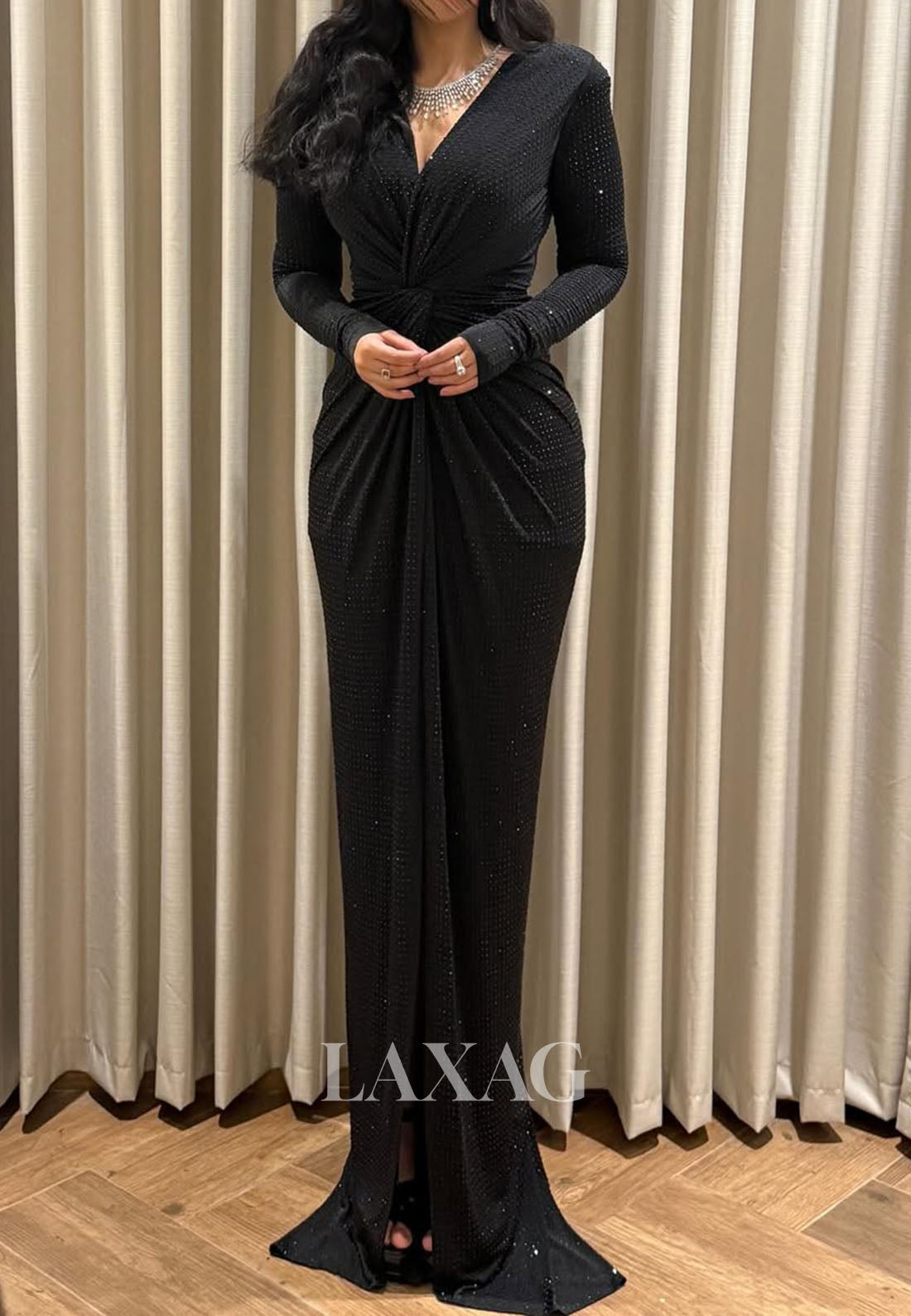 Deep V-Neck Long-Sleeves Mermaid Evening Dress Fully Beaded Pleated Satin Formal Gowns