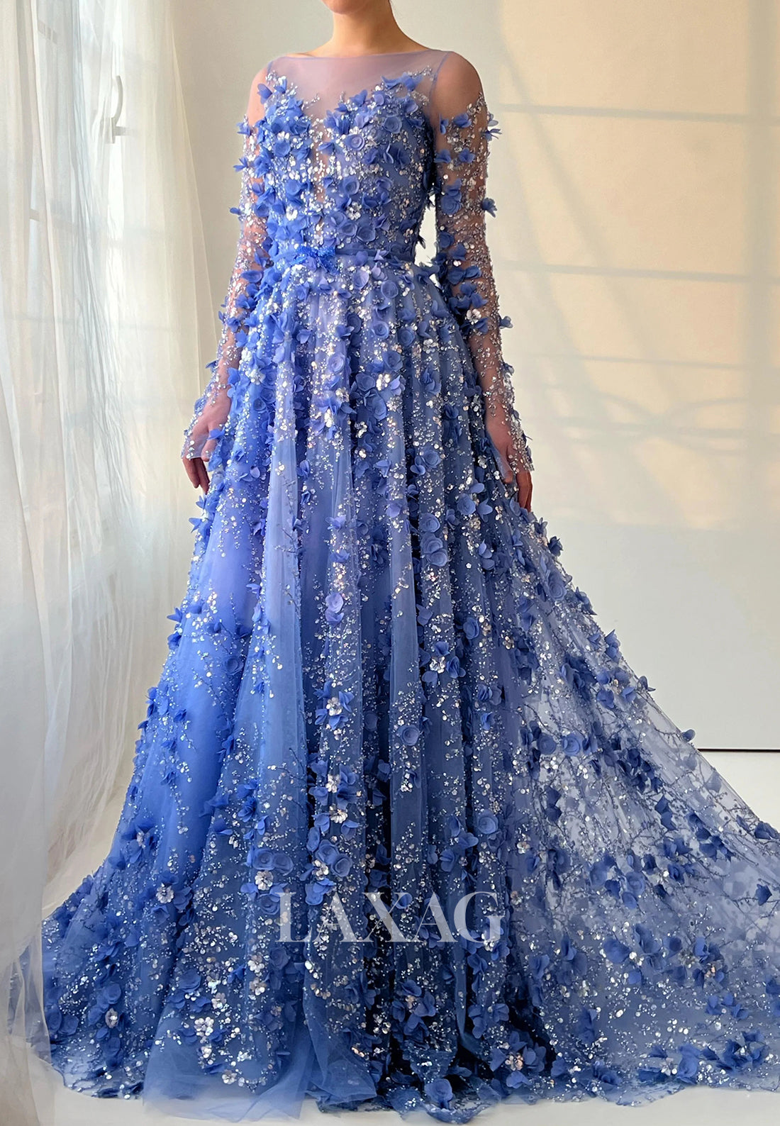 Deep V-Neck Long-Sleeves Pleated Sequined Floral Embellished Tulle A-Line Prom Dress