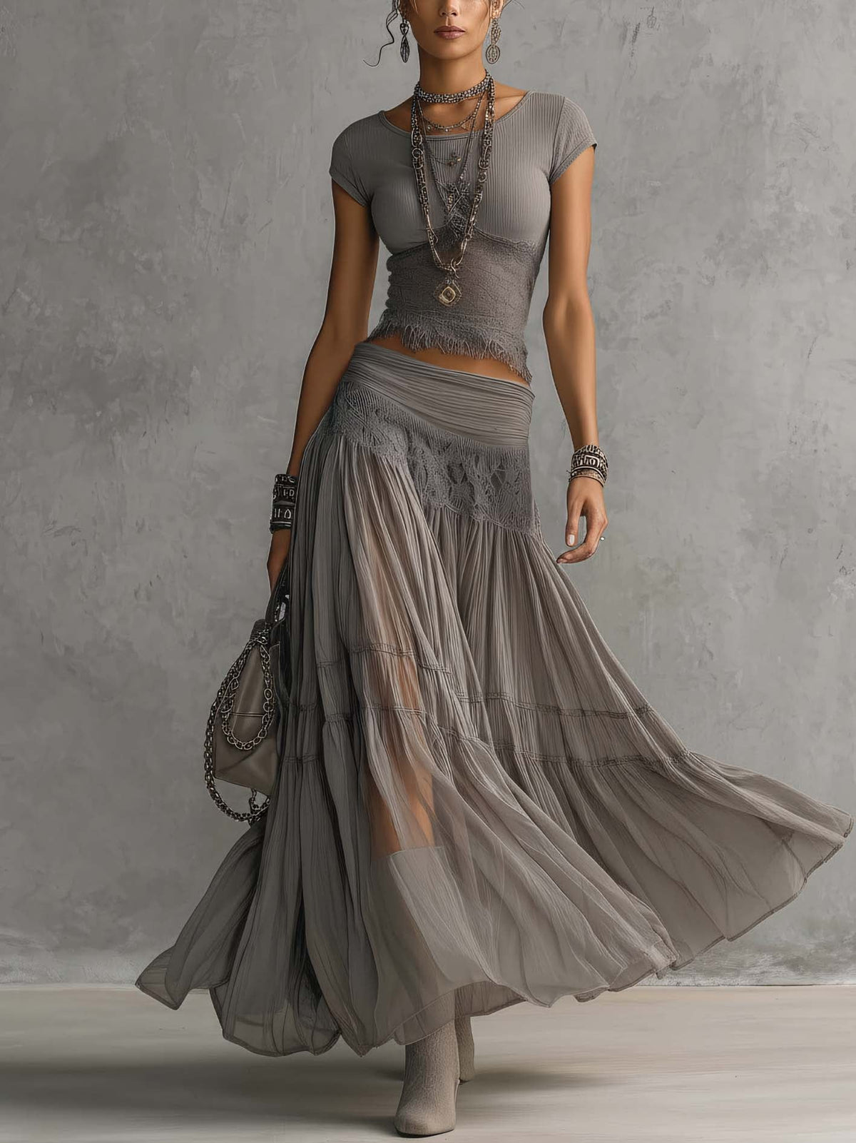 Lace Panel Cap Sleeve Top and Tiered Mesh Maxi Skirt Two Piece Set