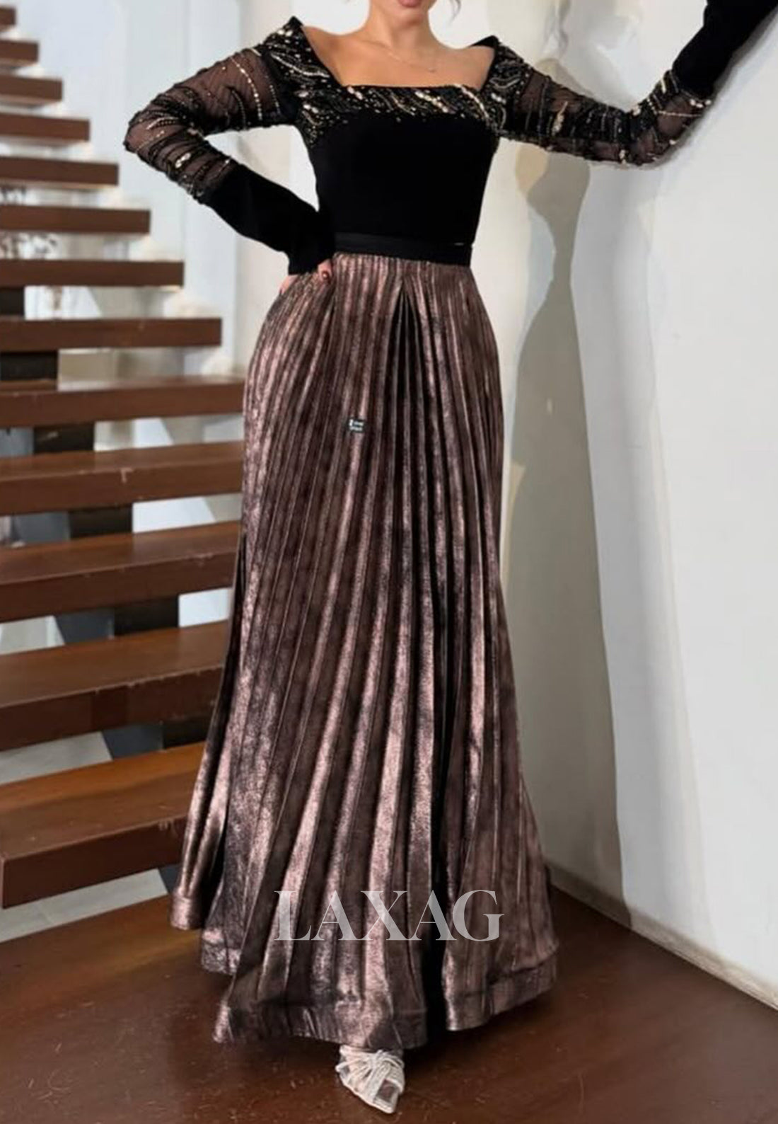 Sqare-Neck Long-Sleeves A-Line Evening Dress Beaded Pleated Satin&Tulle Formal Gowns