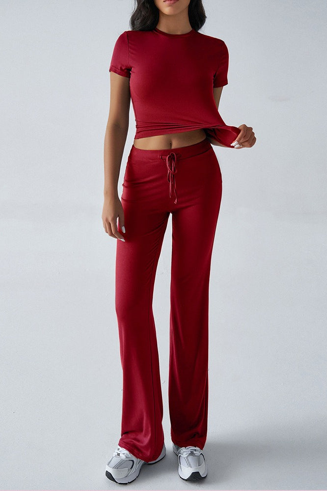 Essential Solid Color Crewneck Top Wide Leg Pants Set