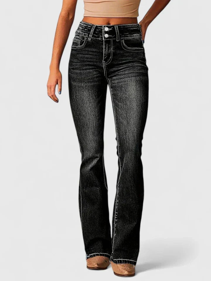 High Waist Double Button Flare Jeans