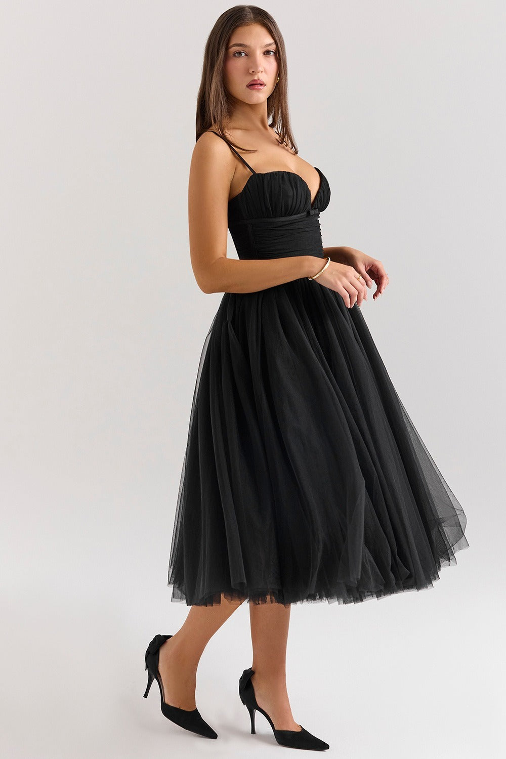 Tulle Sweetheart Spaghetti Strap Corset Fit and Flare Midi Dress