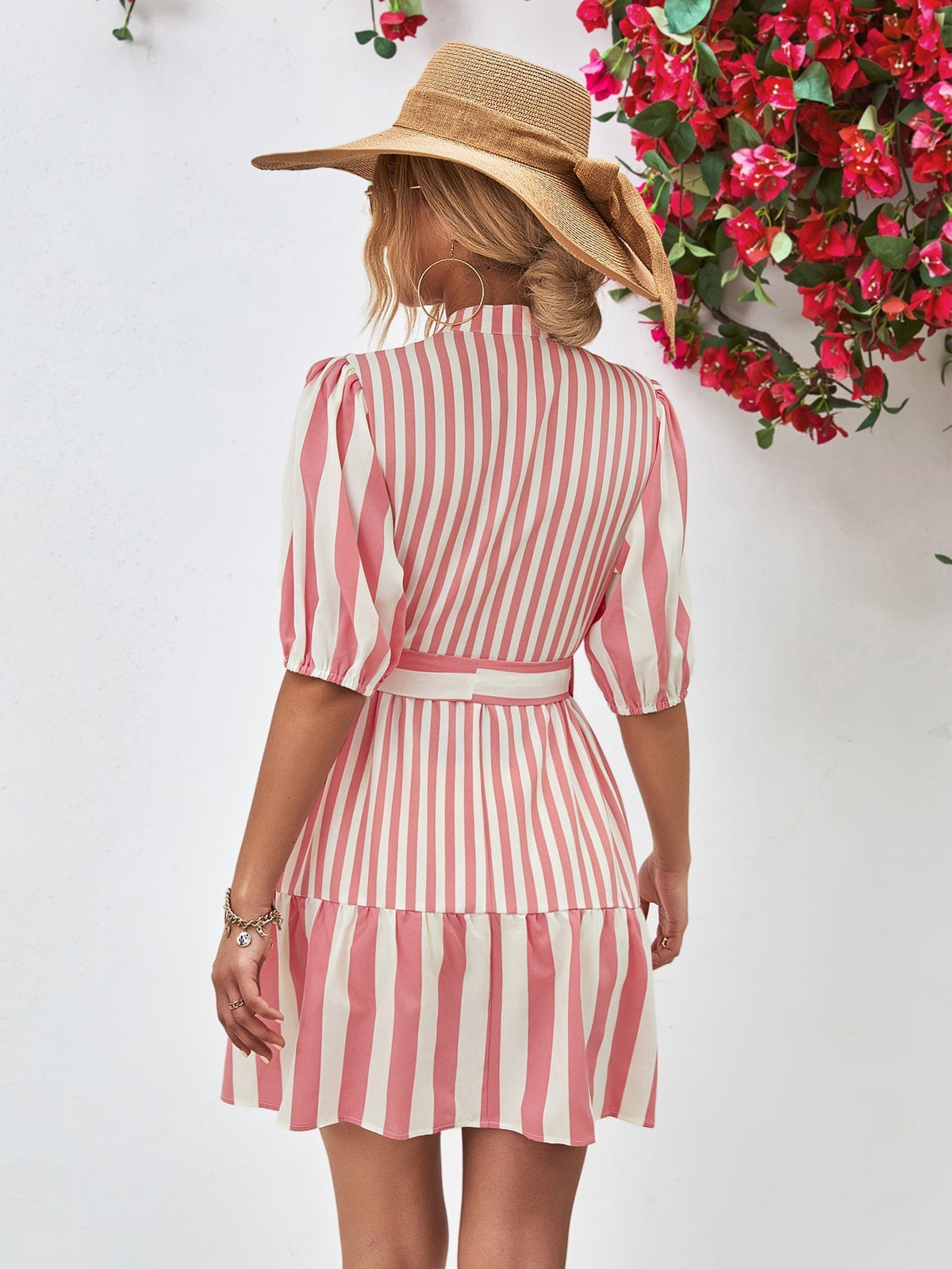 Striped Puff Sleeve Button Front Belted Ruffle Hem Mini Dress 2