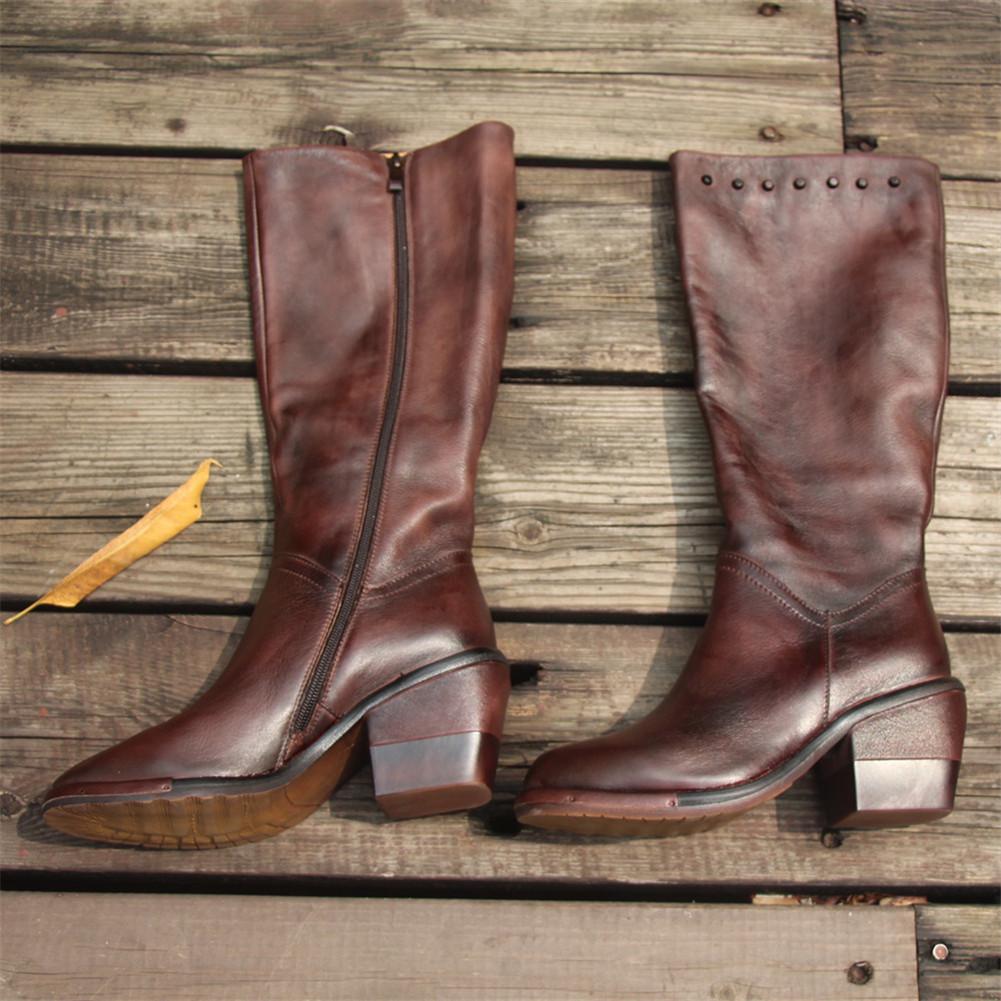 Handmade Leather Knee High Boots  Block Heel Biker Boots Retro Rivet