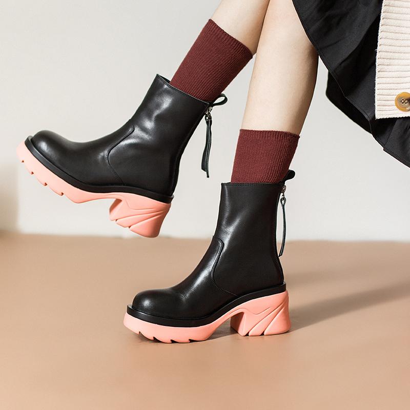 Colorful Sole Leather Short Boots Chunky Riding Boots High Heel Back Zip