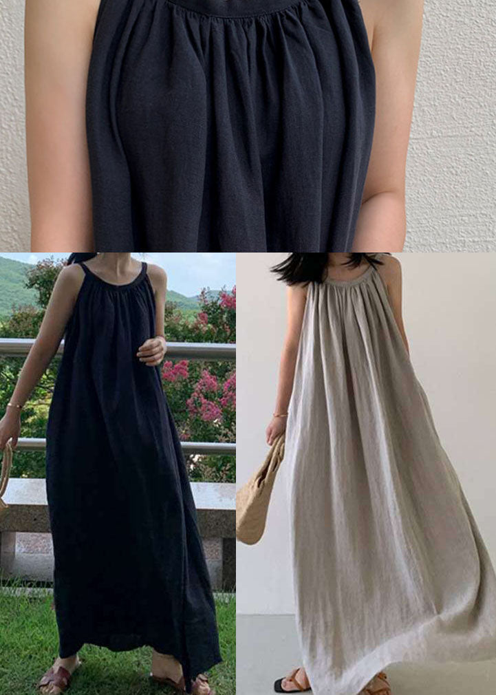 Gathered Neck Pleated Tent Oversized Sleeveless Linen Blend Maxi Dress