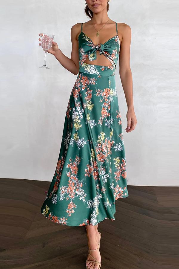 Floral Satin Spaghetti Strap Cut Out High Split Midi Dress