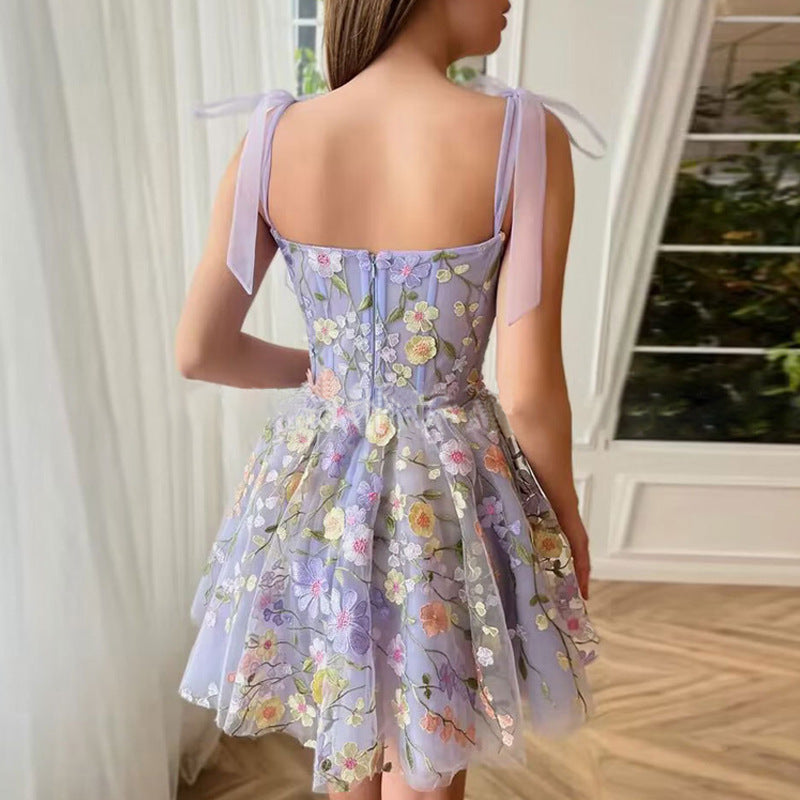 Floral Applique Tie Strap Corset Tulle A-Line Mini Dress