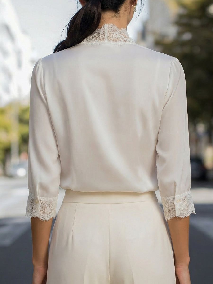 Lace Trim V-Neck Button Front Blouse