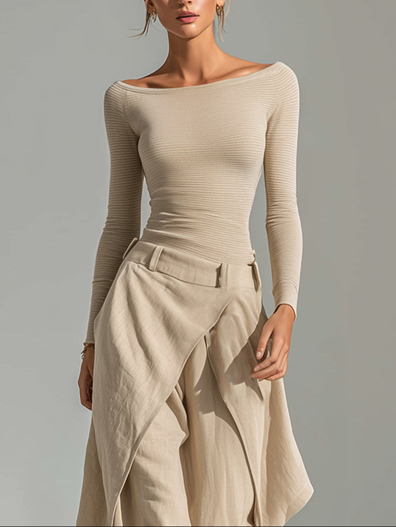 Boat Neck Long Sleeve Ribbed Top and Draped Wide Leg Pants Two Piece Set