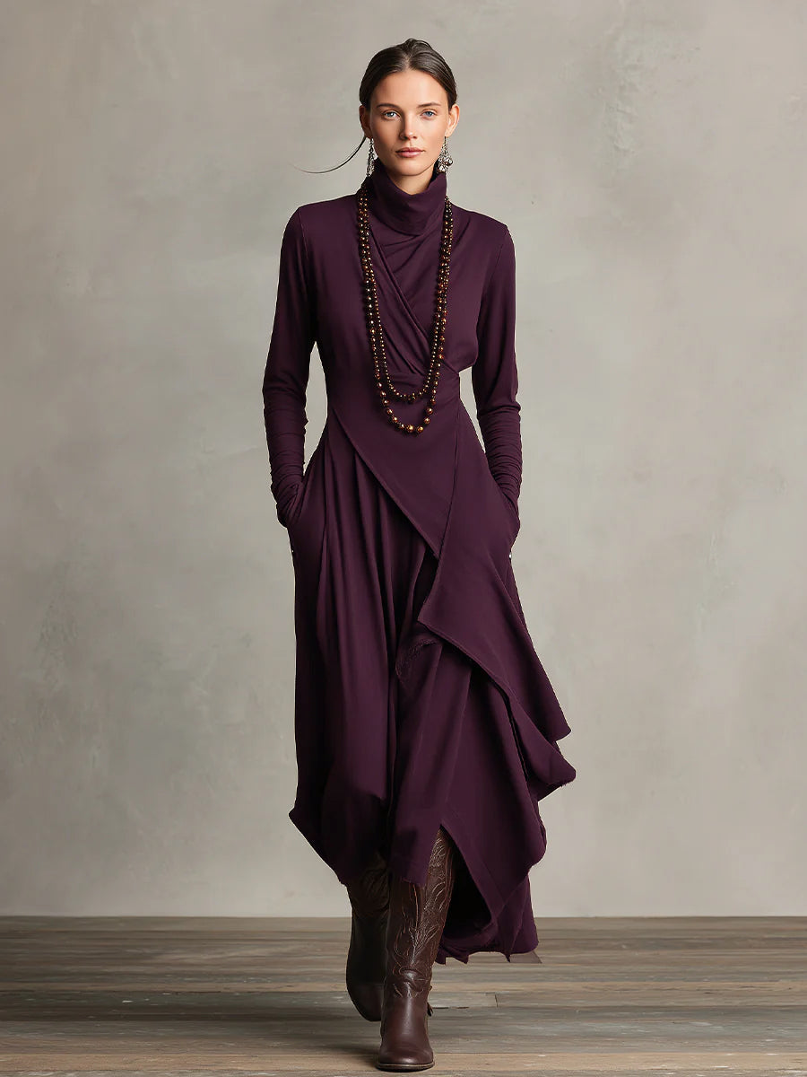 High Neck Long Sleeve Draped Maxi Dress 9
