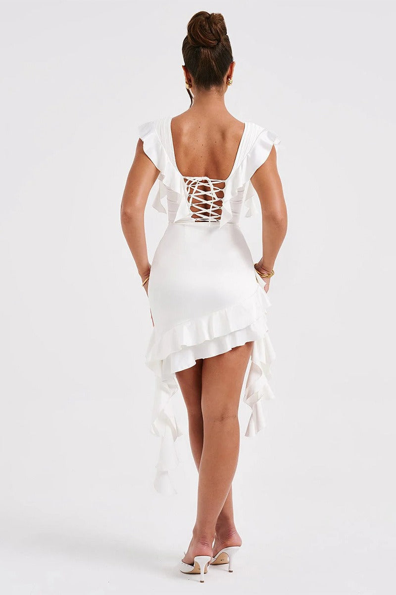 Satin Deep V-Neck Ruffle Corset High Low Dress