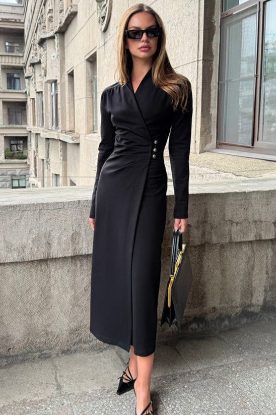 Pleated V Neck Long Sleeve Maxi Dress