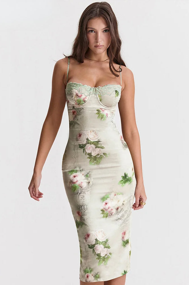 Floral Print Satin Lace Trim Bustier Bodycon Midi Dress