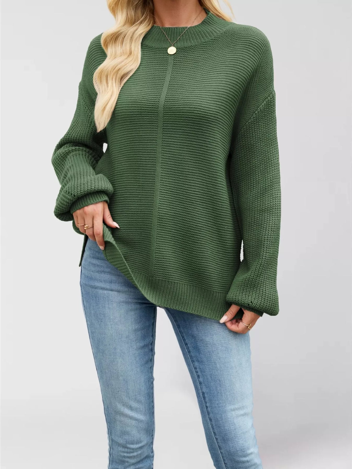 Mock Neck Drop Shoulder Front Seam Ribbed Knit Sweater 3
