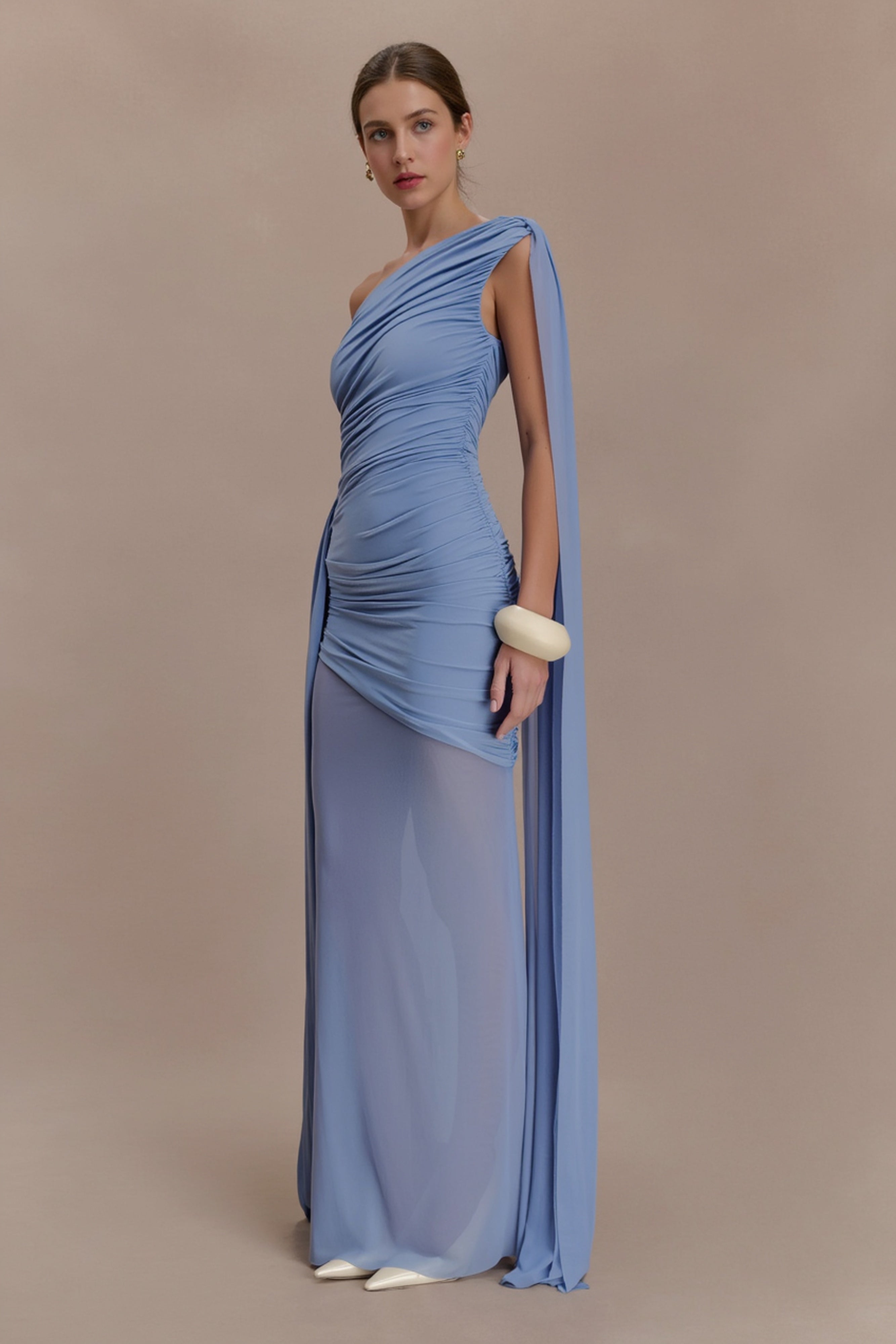 Elegant Mesh Paneled One Shoulder Cape Fitted Party Dress