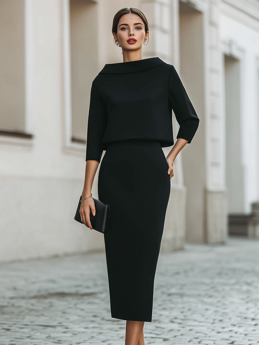 Cowl Neck Top and Straight Midi Skirt Two Piece Set