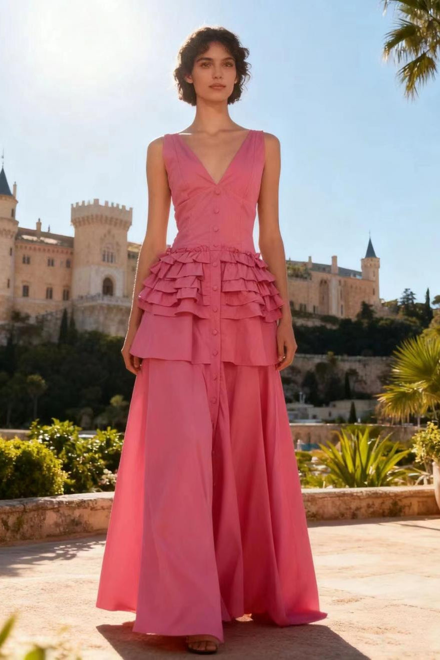 Deep V-Neck Sleeveless Corset Tiered Fit and Flare Midi Dress