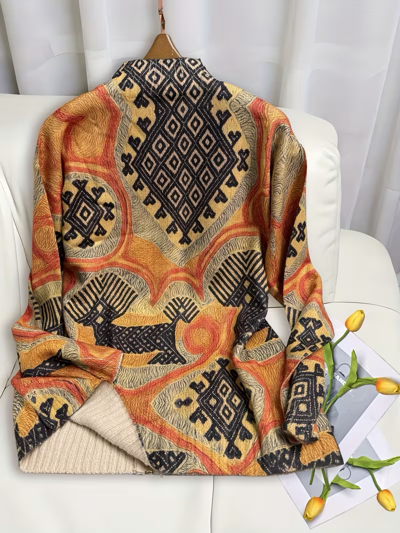Aztec Print Zip Front Stand Collar Cardigan