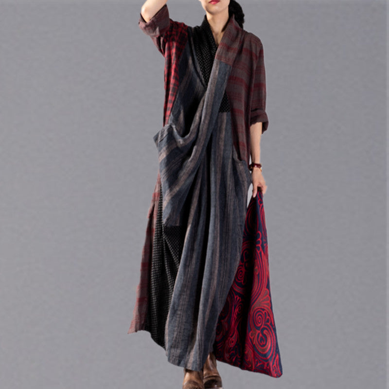 Plaid Patchwork V-Neck Asymmetric Drape Pocket Kaftan Maxi Dress