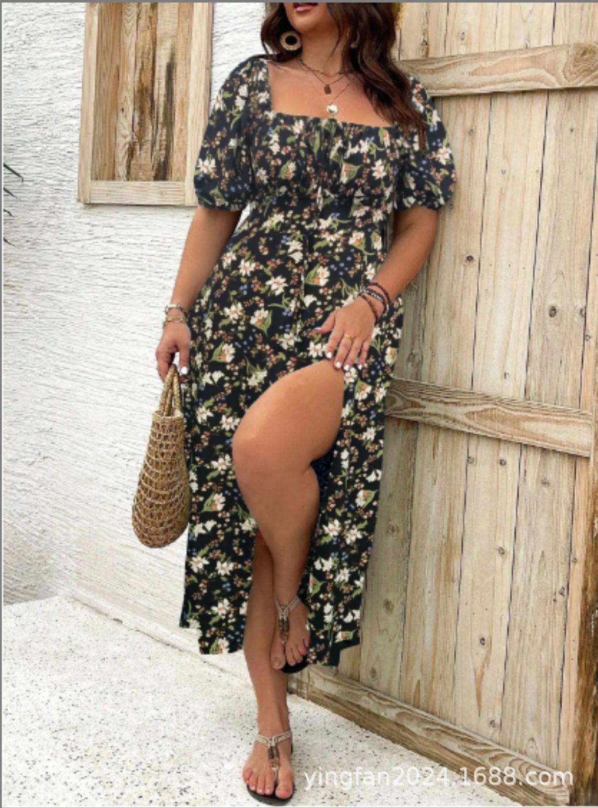 Floral Square Neck Puff Sleeve High Split Midi Dress 18