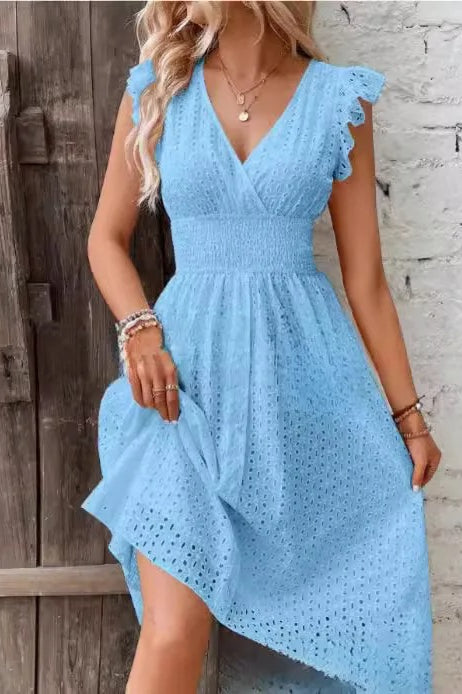 Eyelet Embroidered Surplice V-Neck Ruffle Sleeve Smocked Waist Midi Dress 7
