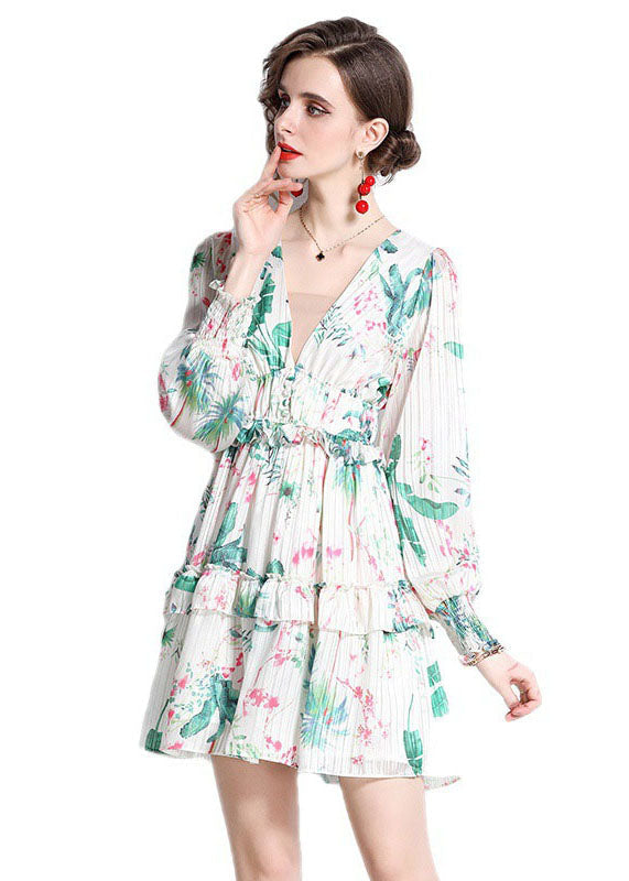 Tropical Palm Print Deep V-Neck Ruffle Cuff Long Sleeve Empire Waist Tiered Plisse Mini Dress
