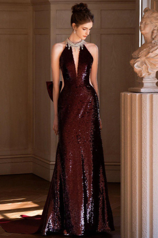 Sequin Halter Neck Plunge Backless Mermaid Gown