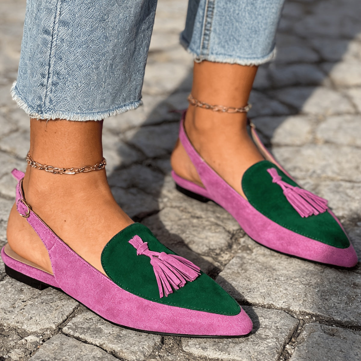 Leopard Print Pointed Toe Tassel Slingback Flats
