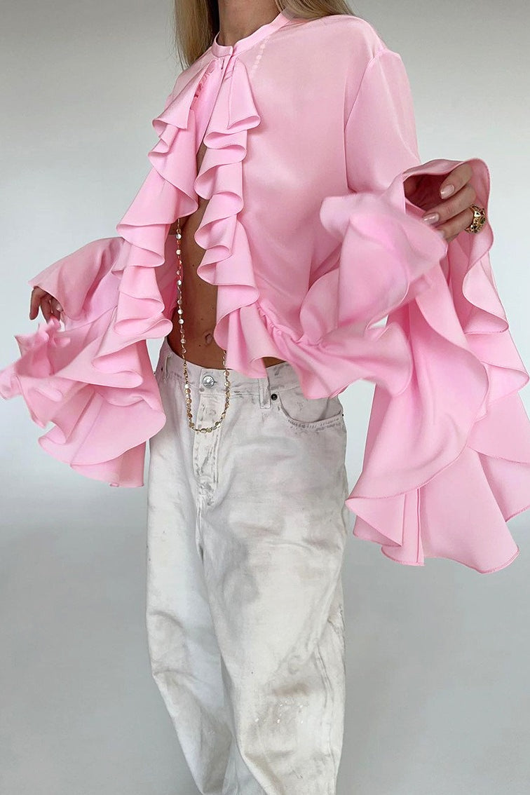 Cascading Ruffle Front High Neck Flared Bell Sleeve Blouse 5