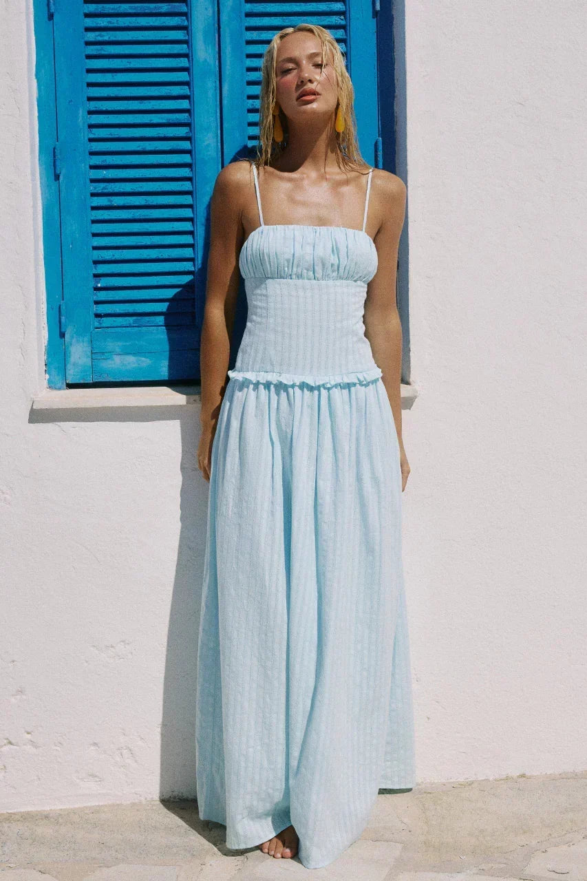 Striped Ruched Bust Spaghetti Strap Drop Waist Ruffle Trim Maxi Dress 2