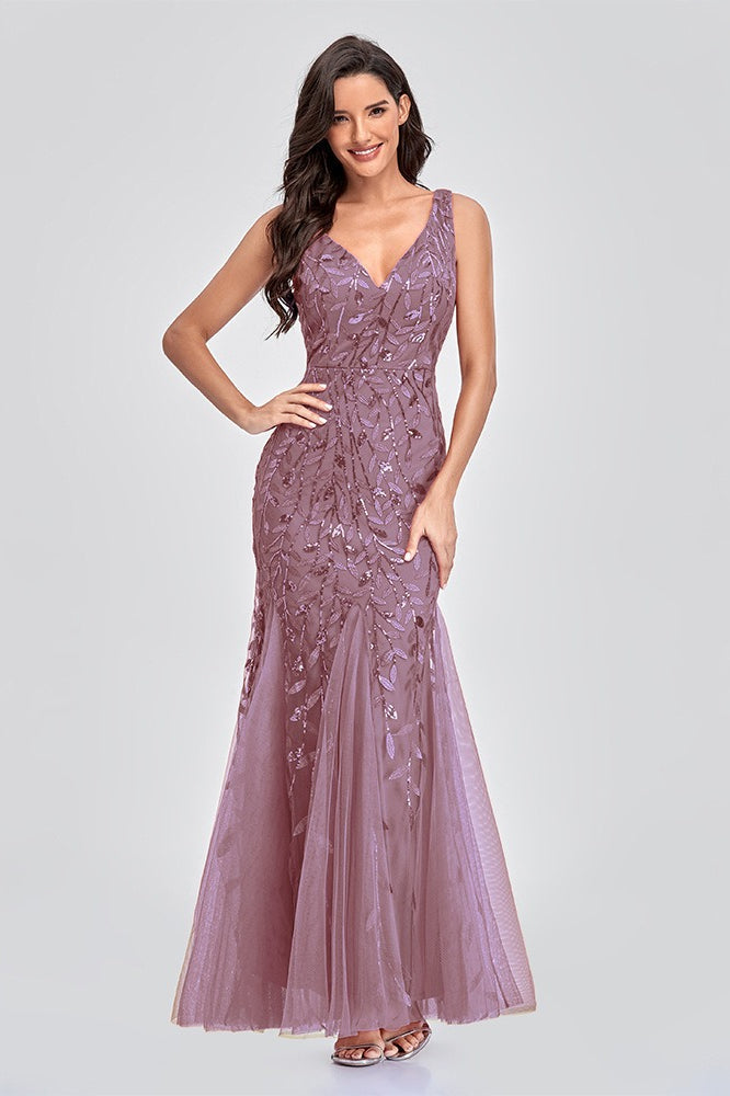 Sequin V-Neck Embroidered Mermaid Maxi Prom Dress