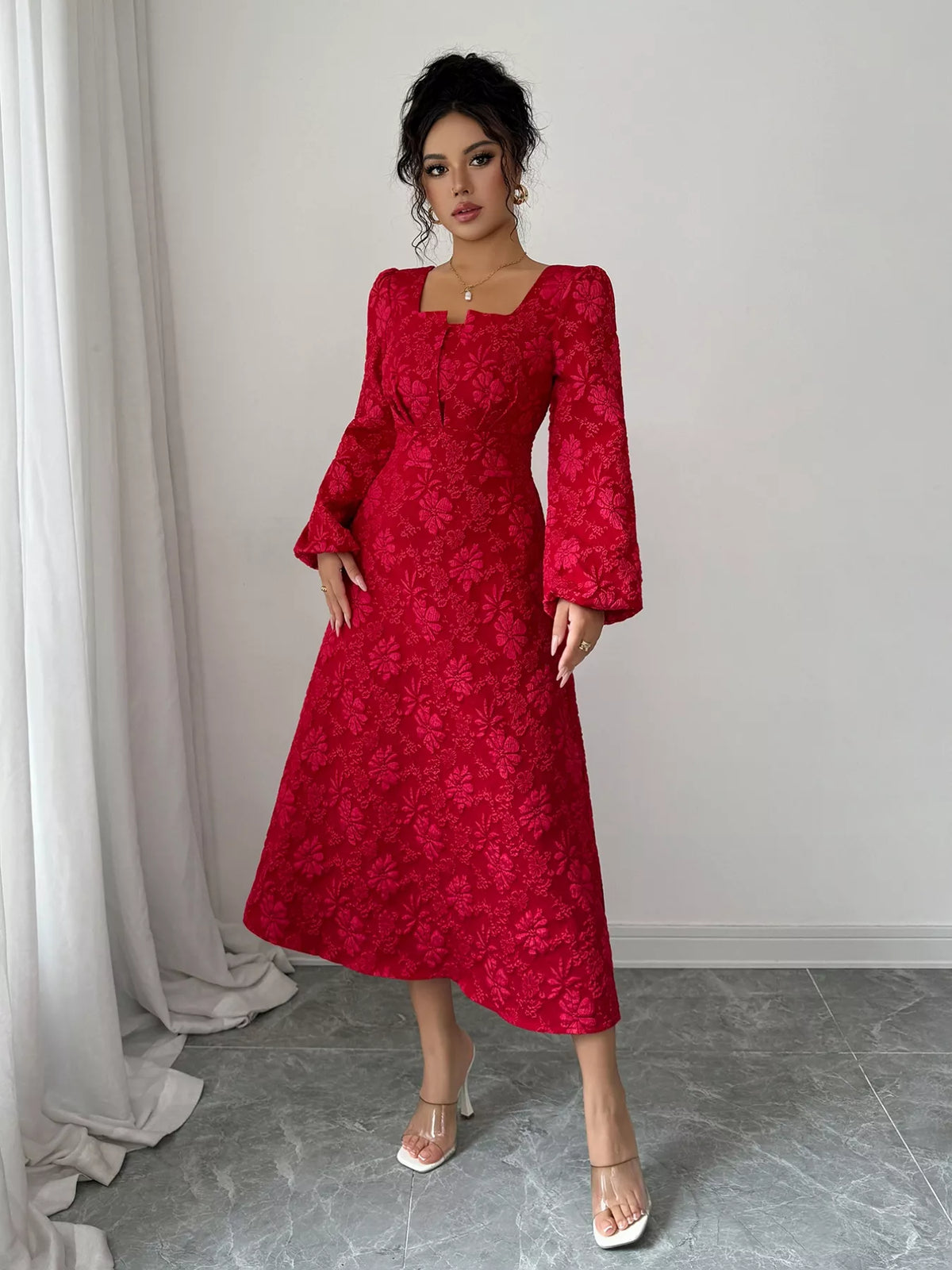 Floral Jacquard Square Neck Balloon Sleeve A-Line Midi Dress 7