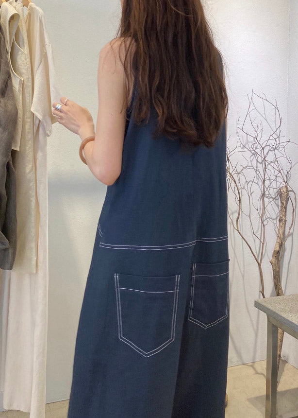 Contrast Topstitch Sleeveless Round Neck Shift Maxi Dress