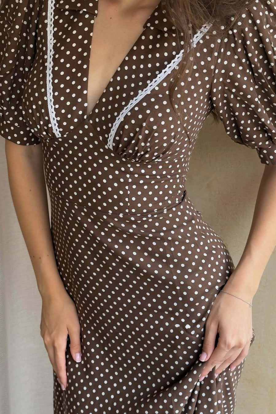 Polka Edition Dot VNeck Puff Sleeve Bodycon Maxi Dress