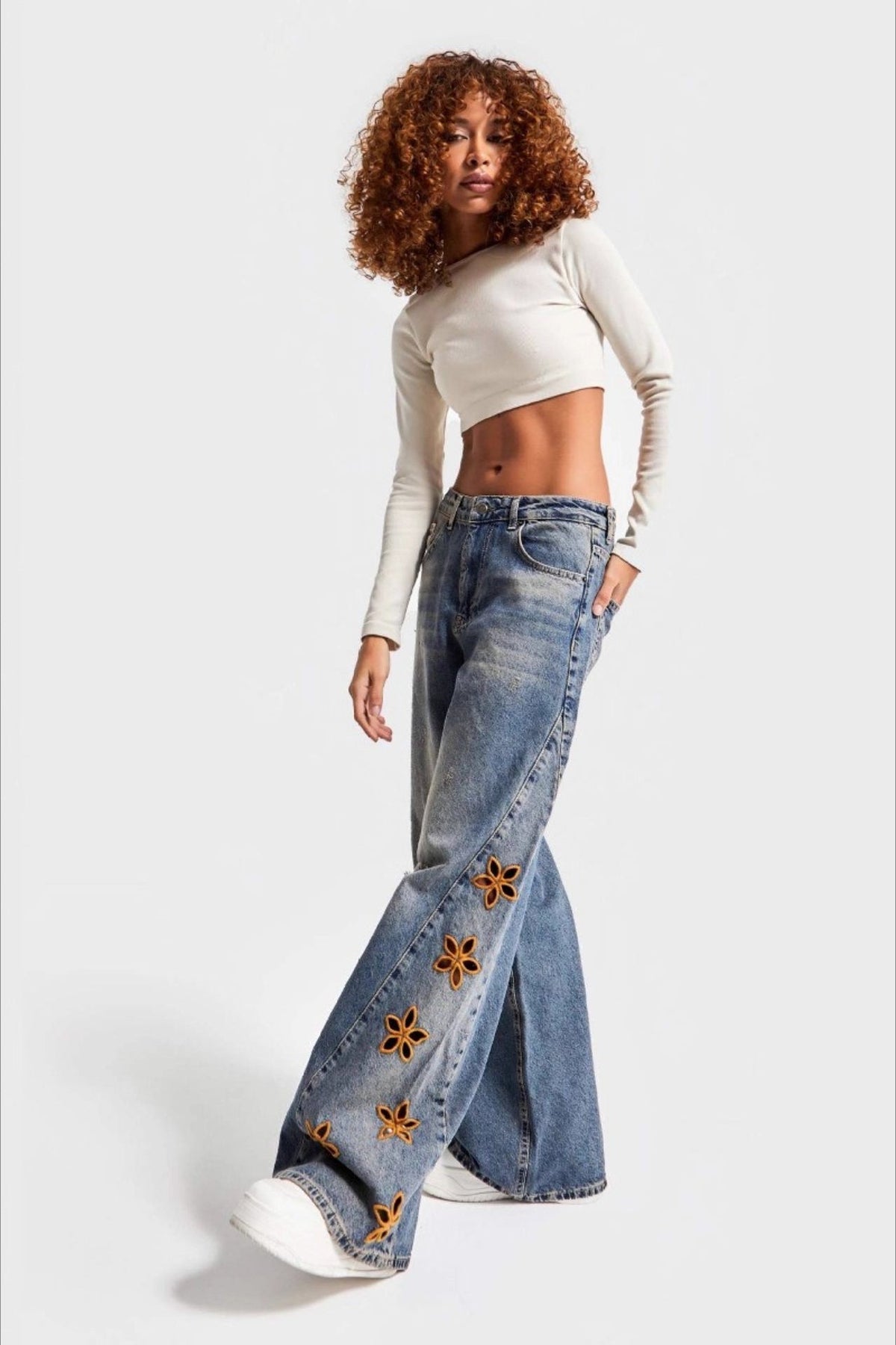 Floral Embroidered Cut Out Low Rise Wide Leg Jeans