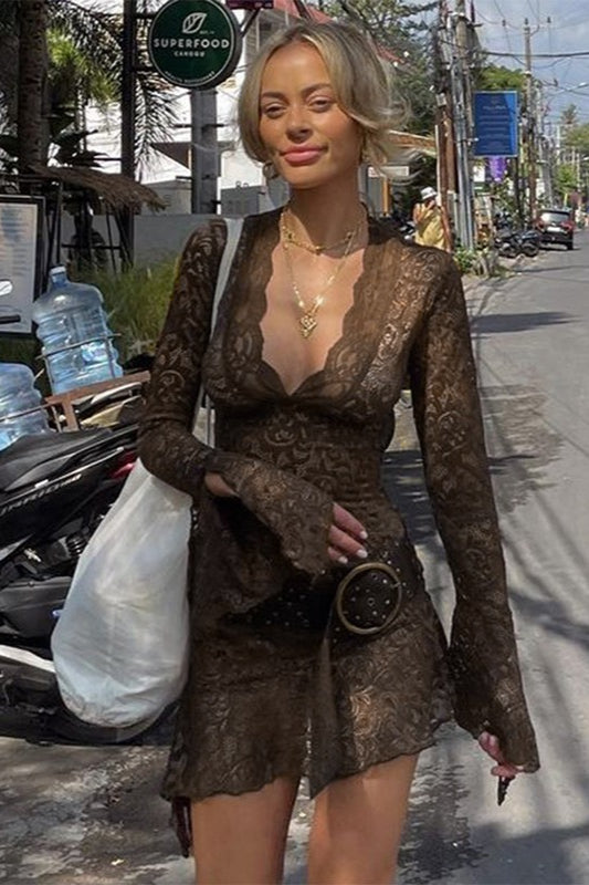 Sheer Floral Lace Deep V-Neck Bell Sleeve Scalloped Hem Bodycon Mini Dress