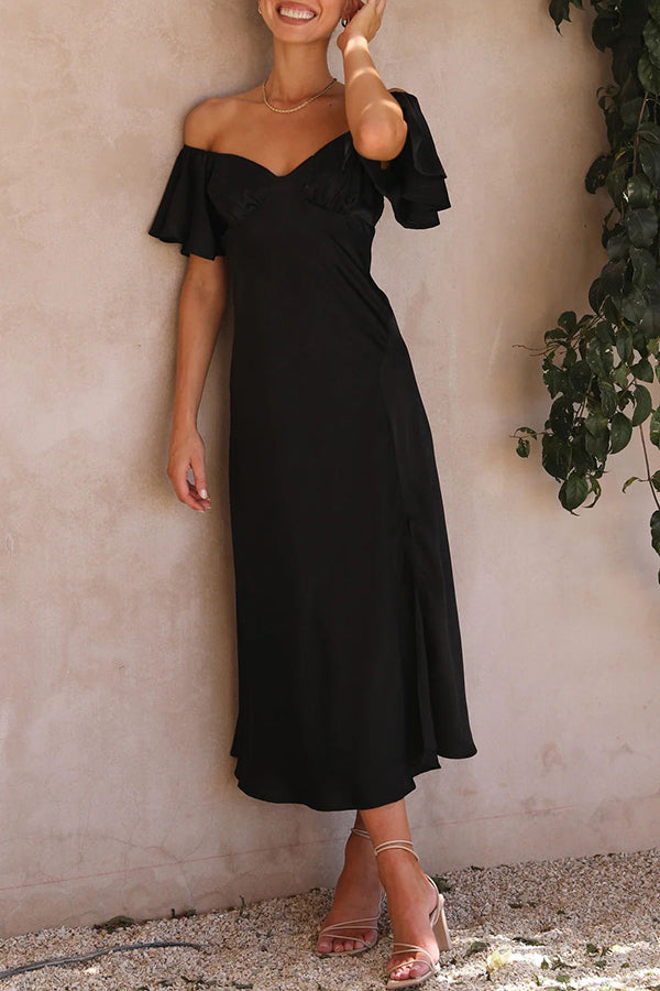 Pure Love Satin Butterfly Sleeve Slit Midi Dress - View 13