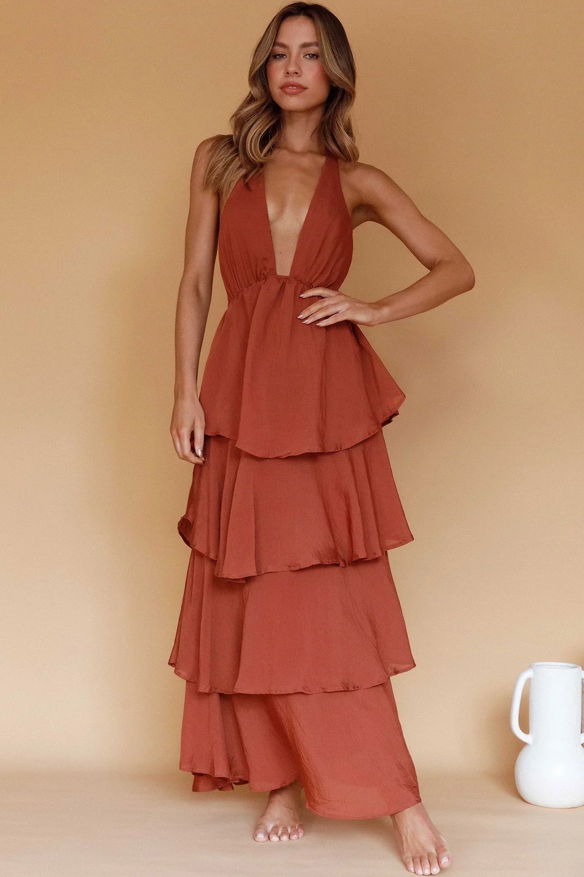 Plunge Halter Neck Tie Back Tiered Ruffle Maxi Dress 2