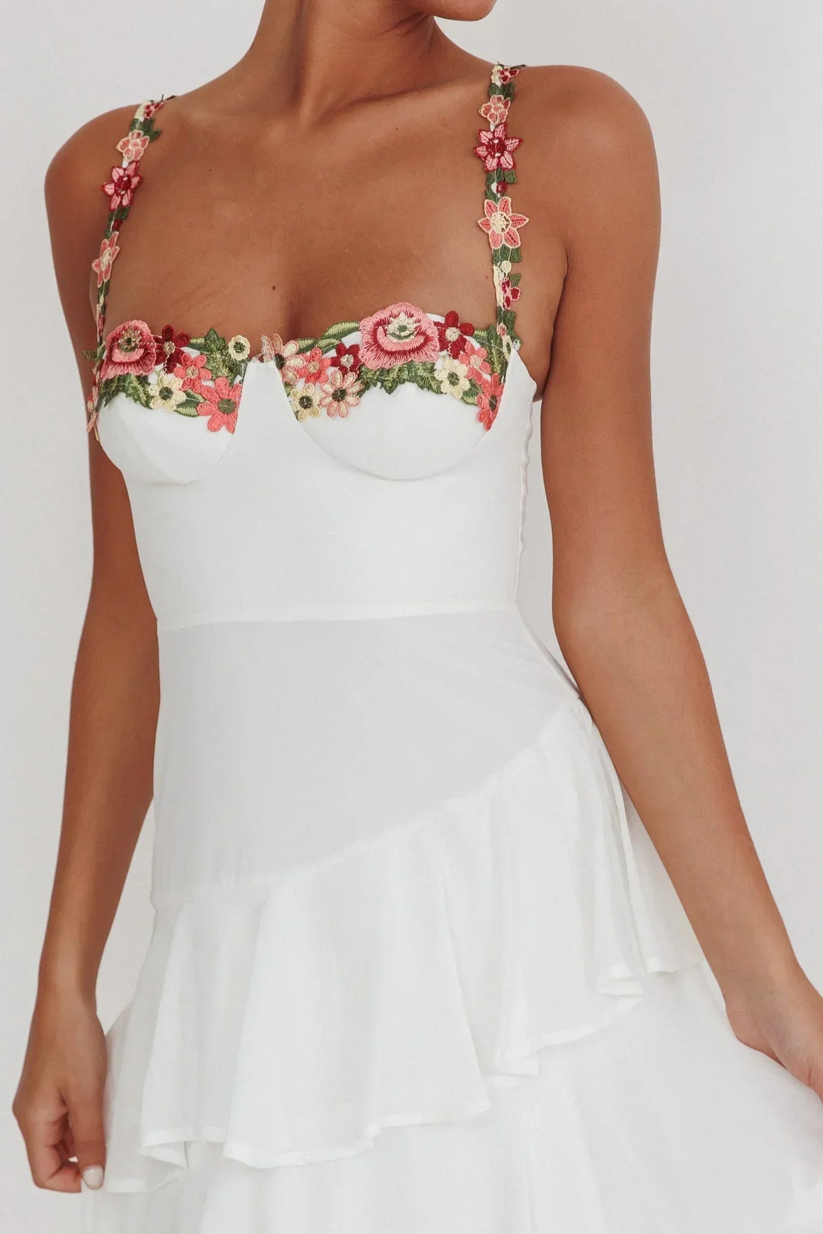 Floral Embroidered Trim Bustier Tiered Ruffle Maxi Dress 4