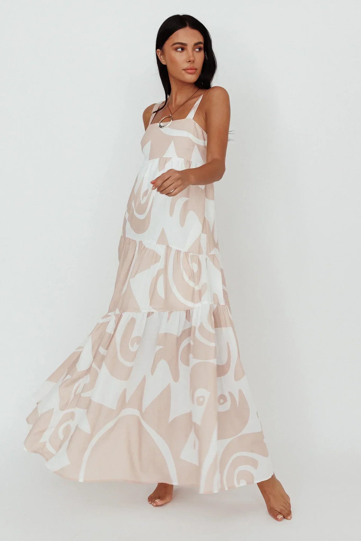 Abstract Print Square Neck Cami Tiered Maxi Dress